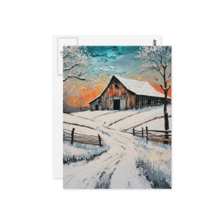 A winter barn postcard