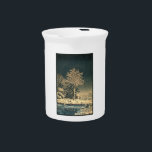 A Winter Day on Sumida River in Japan Beverage Pitcher<br><div class="desc">A Winter Day on Sumida River in Japan by Tsuchiya Koitsu --- The crisp winter air hung heavy over the banks of the Sumida River. Snow, a blanket of pristine white, muffled the sounds of the bustling city. A lone figure, a woman in a vibrant kimono, her face obscured by...</div>
