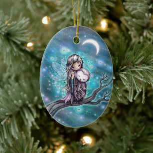 A Winter Night Fairy and Owl Fantasy Art Ceramic Ornament
