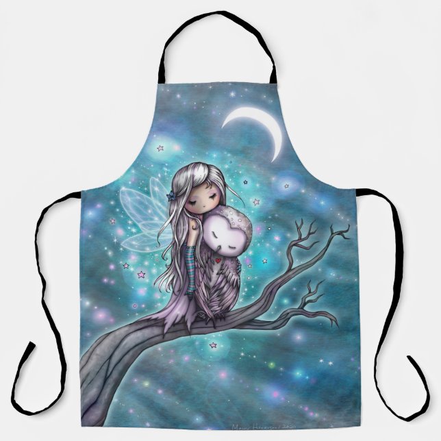 A Winter Night Owl and Fairy with Moon Fantasy Art Apron (Front)