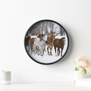 A Winter Scenic of Running Horses Clock