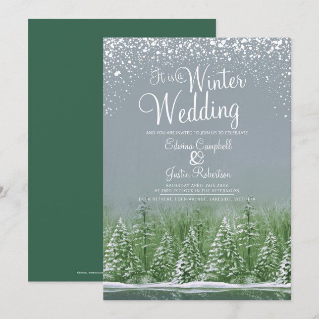 A winter wedding pine trees lake gray green art invitation (Front/Back)