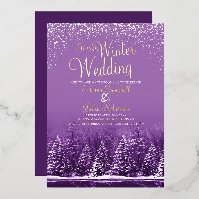 A winter wedding pine trees lake purple art  foil invitation (Front/Back)