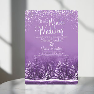 A winter wedding pine trees lake purple art invitation