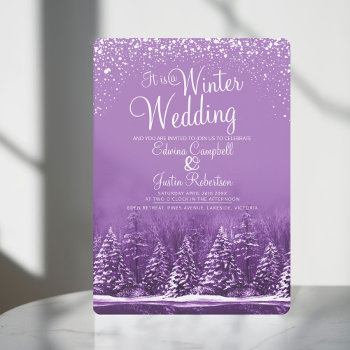 A Winter Wedding Pine Trees Lake Purple Art Invitation by mylittleedenweddings at Zazzle