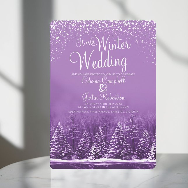 A winter wedding pine trees lake purple art invitation (Creator Uploaded)