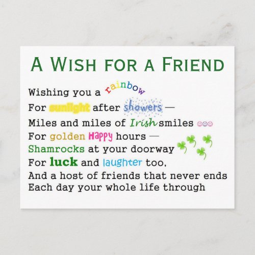 A Wish for a Friend St Patricks Day Postcard