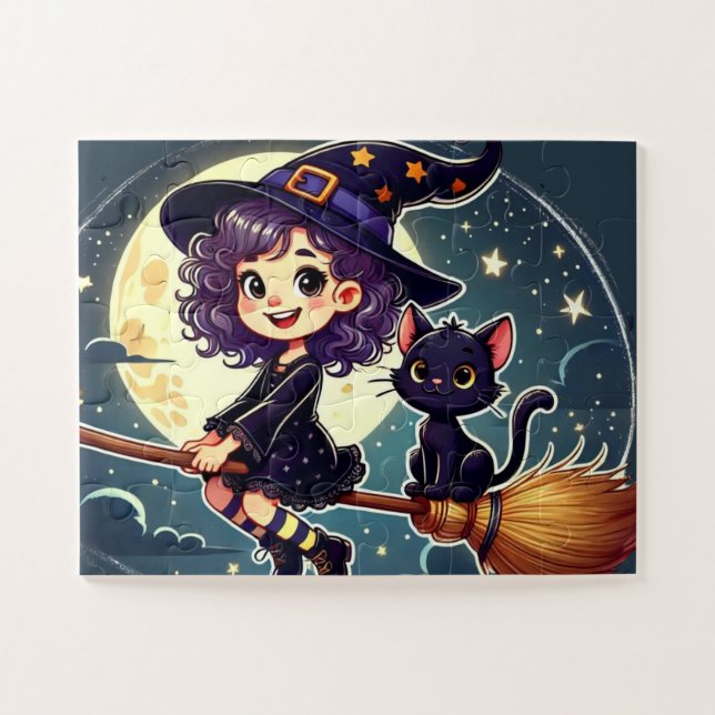 A witch and a cat on a broom puzzle (Horizontal)