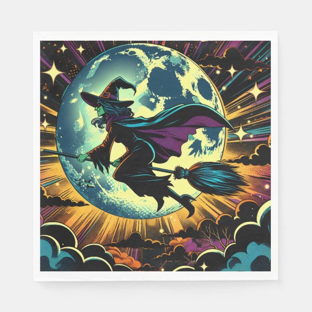 A Witch and a Full Moon Halloween Party Napkins (Front)