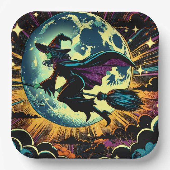 A Witch and a Full Moon Halloween Party Paper Plates (Front)