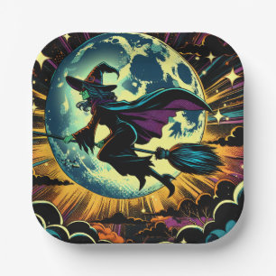A Witch and a Full Moon Halloween Party Paper Plates