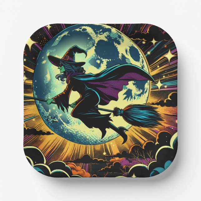A Witch and a Full Moon Halloween Party Paper Plates (Front)