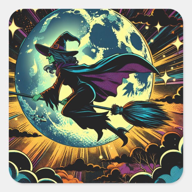 A Witch and a Full Moon Halloween Party Square Sticker (Front)