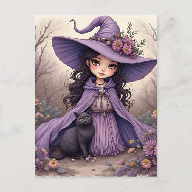 A Witch and Her Black Cat Postcard (Front)