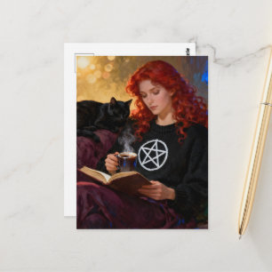 A witch and her cat enjoying tea and a book postcard