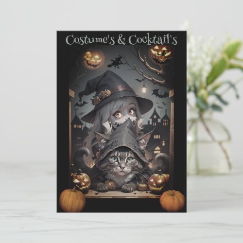 A Witch and Her Cat Halloween Party Invitation
