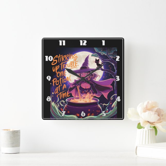 A witch brewing potions under a full moon square wall clock (Home)