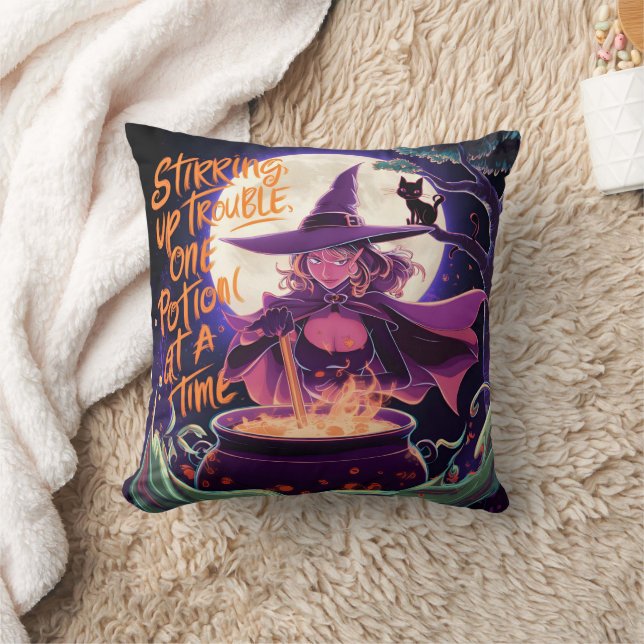 A witch brewing potions under a full moon throw pillow (Blanket)