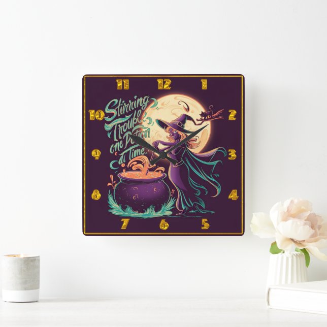 A witch brews potions under a full moon at night square wall clock (Home)