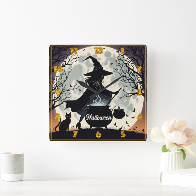 A witch brews potions under a glowing full moon square wall clock (Home)