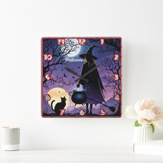 A witch brews potions under the full moon square wall clock (Home)