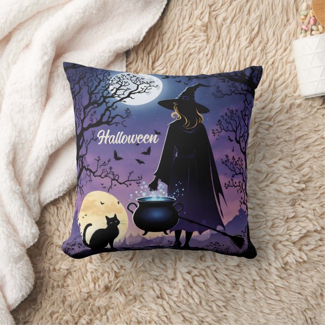 A witch brews potions under the full moon throw pillow (Blanket)
