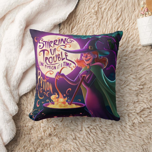 A witch brews potions under the full moon throw pillow (Blanket)