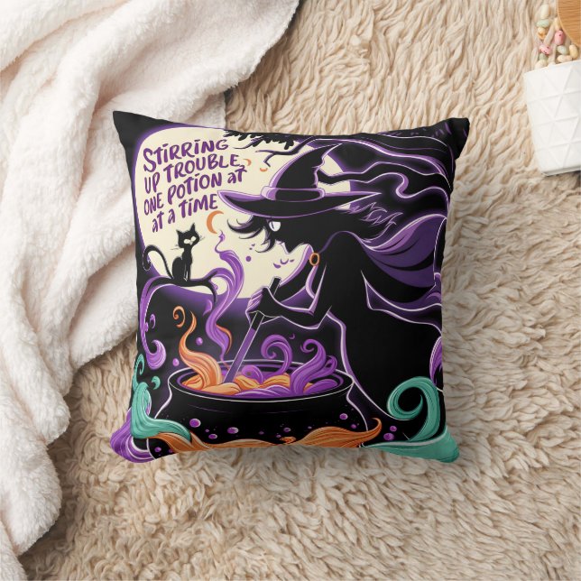 A witch brews potions under the full moon throw pillow (Blanket)