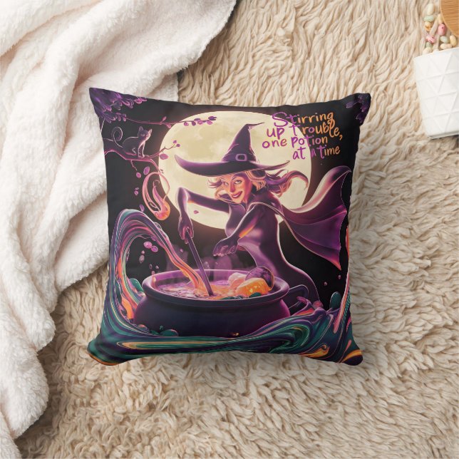 A witch brews potions under the full moon throw pillow (Blanket)