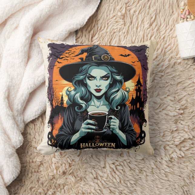 A witch brews up magic under a full moon throw pillow (Blanket)
