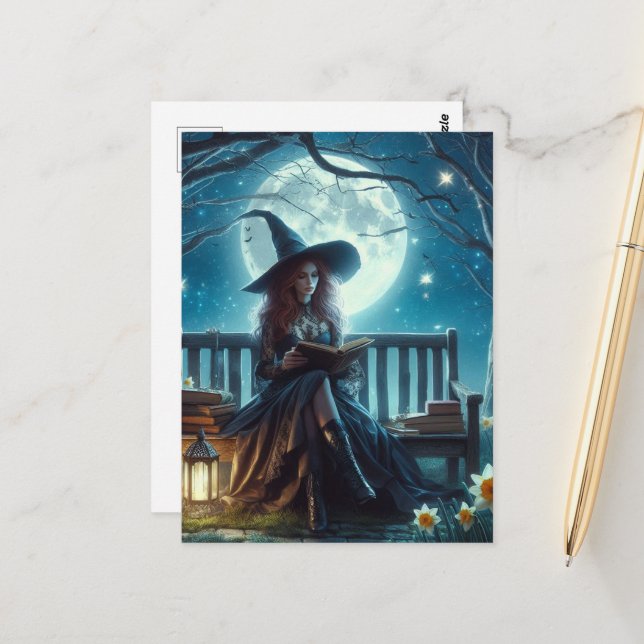 A Witch Reading Near the Daffodils at Night Postcard (Front/Back In Situ)