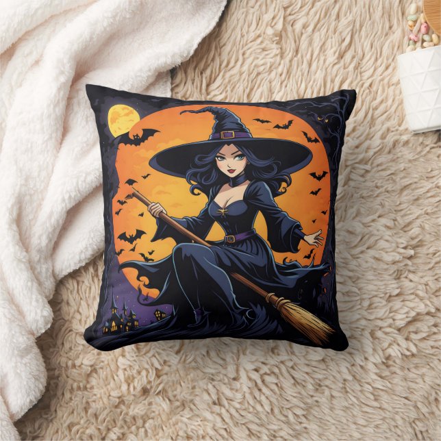 A witch rides her broom beneath a harvest moon throw pillow (Blanket)