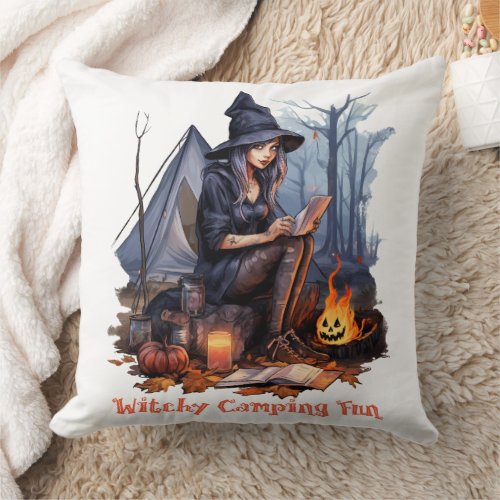 A Witchâs Camping Trip Witchy Fun  Throw Pillow