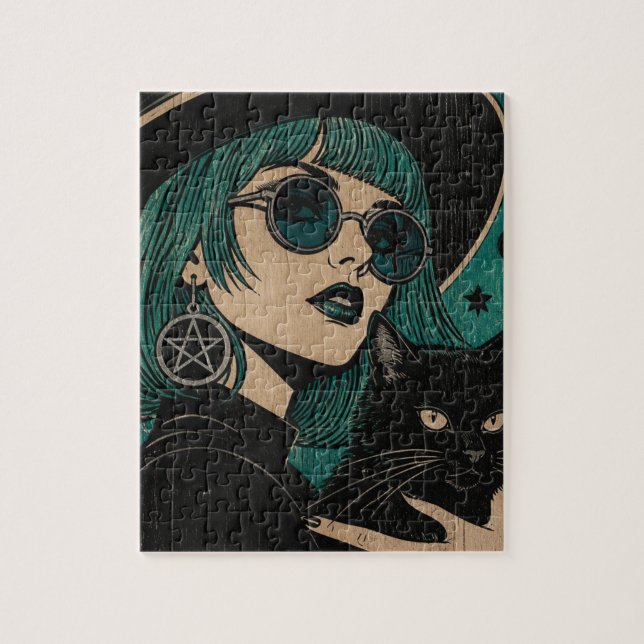 A witch with her black cat Woodblock print Jigsaw Puzzle (Vertical)