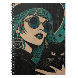 A witch with her black cat Woodblock print Notebook