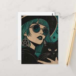 A witch with her black cat Woodblock print Postcard
