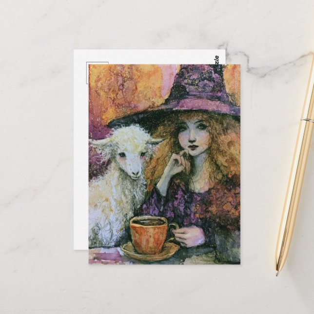 A Witch with her Goat Morning Coffee  Postcard (Front/Back In Situ)