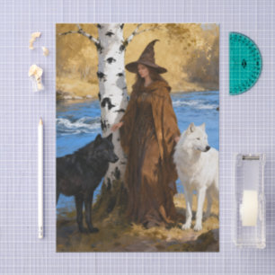 A Witch With Her Wolf Friends decoupage Tissue Paper