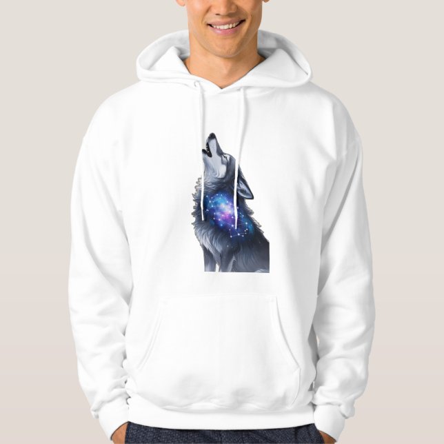 A wolf howling at a starry galaxy hoodie (Front)