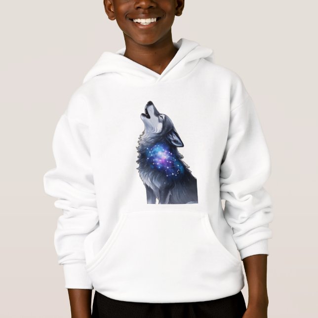 A wolf howling at a starry galaxy hoodie (Front)