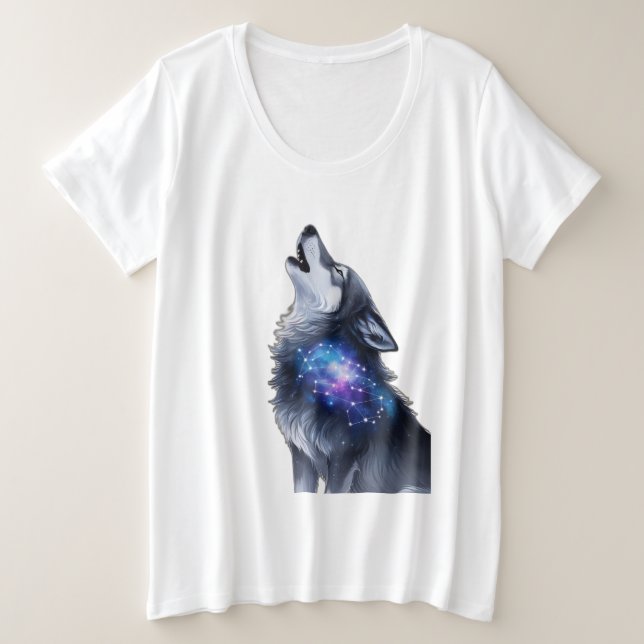 A wolf howling at a starry galaxy plus size T-Shirt (Design Front)