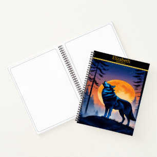 A wolf howling at the full moon in a serene forest notebook