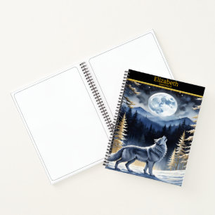 A wolf howls beneath a full moon in a snowy forest notebook