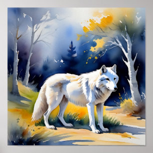 A wolf in a forest watercolor painting poster