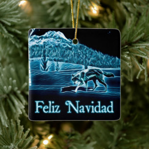 A Wolf On Snow - Feliz Navidad Ceramic Ornament