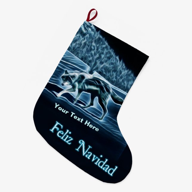 A Wolf On Snow - Feliz Navidad Large Christmas Stocking (Front (Hanging))