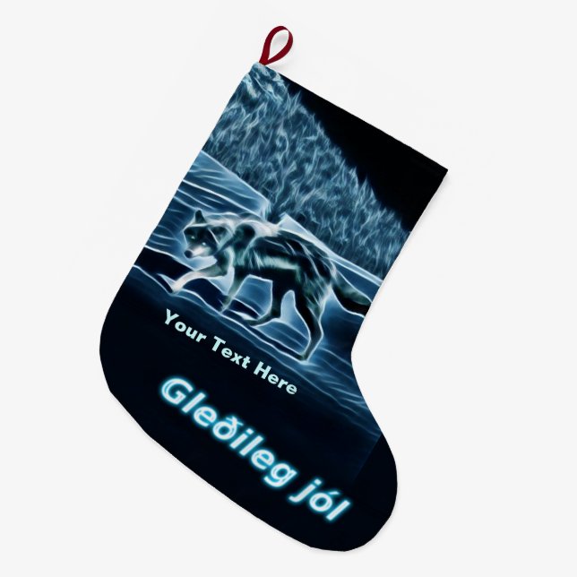 A Wolf On Snow - Gleðileg Jól Large Christmas Stocking (Front (Hanging))