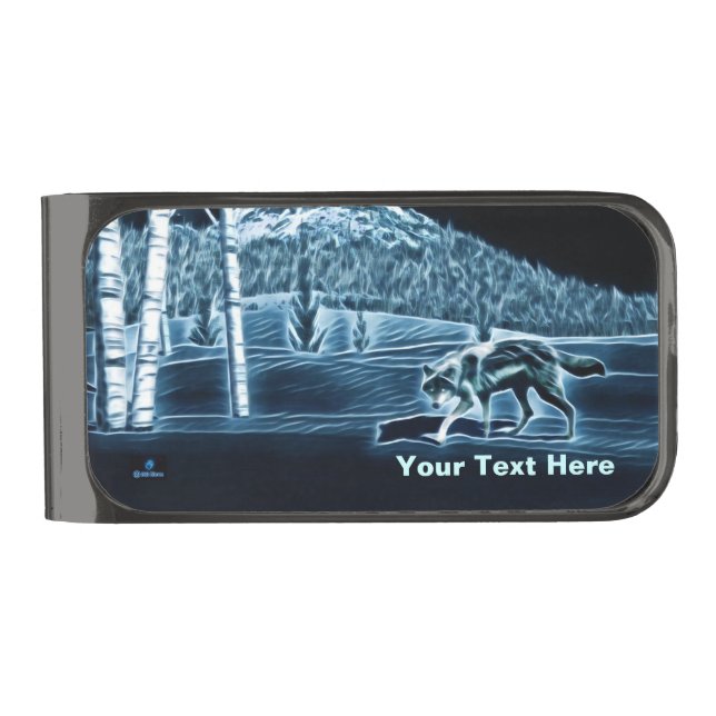 A Wolf On Snow Gunmetal Finish Money Clip (Front)
