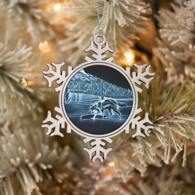 A Wolf On Snow Snowflake Pewter Christmas Ornament (Tree)