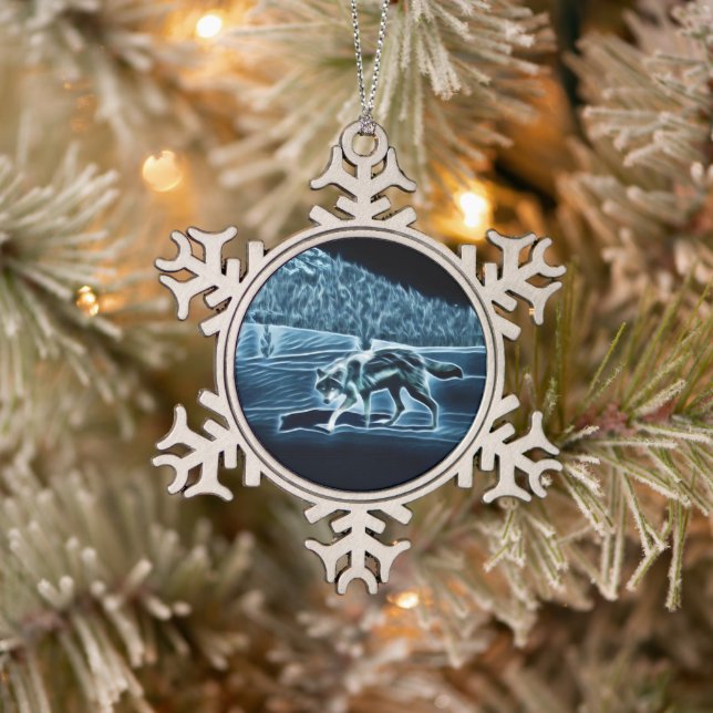A Wolf On Snow Snowflake Pewter Christmas Ornament (Tree)